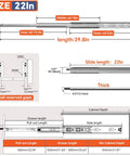 Beefy Heavy Duty Drawer Slides With Lock For 22 Inch Drawers, side view showing dimensions and installation details.