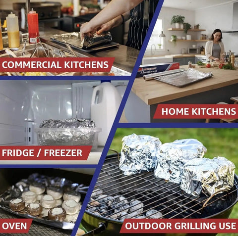 Heavy Duty Aluminum Foil Roll 18 Inch By 500 Feet For Cooking And Grilling Catering And Restaurant Use Extra Thick Commercial Grade Tin Foil Resists Tears And Leaks Multipurpose Food Service Foil used in various kitchen settings and outdoor grilling