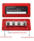Tough As Nails 300A Power Distribution Block Waterproof Bus Bar Box with four M8 terminals and mounting holes in red.