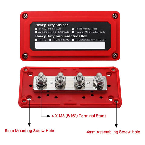 Tough As Nails 300A Power Distribution Block Waterproof Bus Bar Box with four M8 terminals and mounting holes in red.