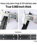Two Pack 12 Inch Piano Hinges In Stainless Steel Black Heavy Duty dimensions shown with calipers, ideal for doors and cabinets