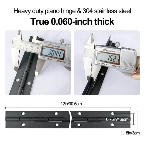 Two Pack 12 Inch Piano Hinges In Stainless Steel Black Heavy Duty dimensions shown with calipers, ideal for doors and cabinets