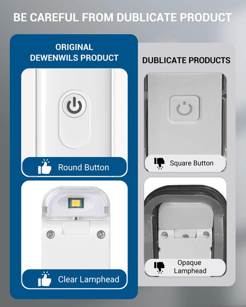 Comparison of original and duplicate USB Rechargeable Book Reading Light with 3000K Warm White, highlighting button and lamphead differences.