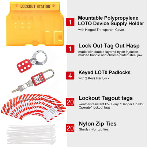 Lockout Tagout Station Kit With Padlocks, Hasp, Tags, And Nylon Ties For Safe Lockout Safety Setup OSHA Compliant And Ready For Industrial Use In Tough Worksite Environments