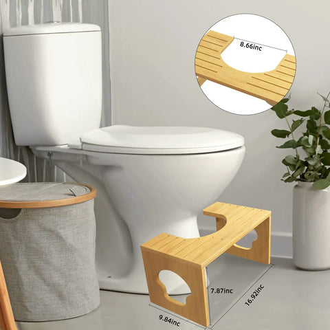 Foldable Bamboo Poop Stool For Grown Ups With Anti Slip Surface Squat Style Toilet Stool next to toilet, 7.87in height, bamboo wood