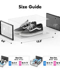 Size guide for 15 Pack Clear Plastic Stackable Shoe Organizer Set With Interlocking Lids for various shoe sizes.