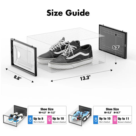 Size guide for 15 Pack Clear Plastic Stackable Shoe Organizer Set With Interlocking Lids for various shoe sizes.