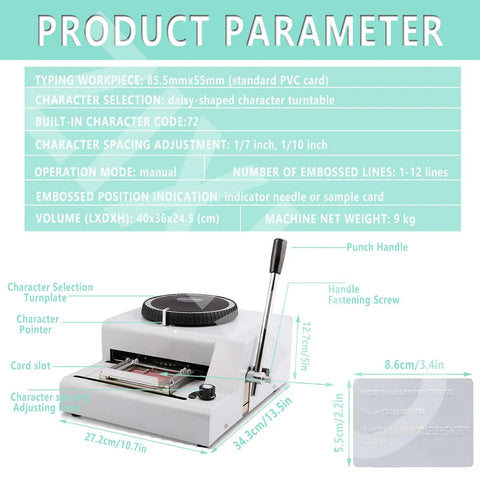 Product parameters of Heavy Duty PVC Card Embosser With 72 ISO Standard Characters, showing dimensions and features.