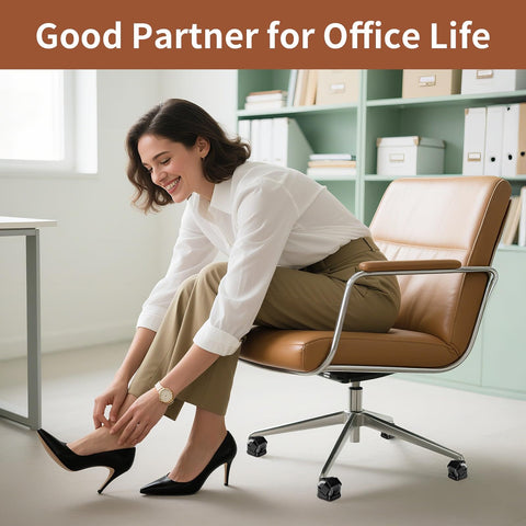 Woman sitting on brown office chair, adjusting shoes. Office chair on caster wheels suitable for 5 Pack Office Chair Wheel Stoppers Cushioned Caster Cups With Felt Bottom Pads For Hardwood Floors And Carpets To Prevent Scratches, Universal Fit For Most Chairs, Black.