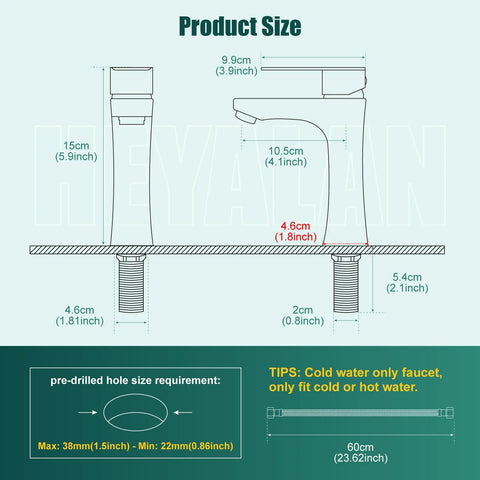 Brushed Nickel Single Handle Bathroom Faucet Heavy Duty Cold Water Design With Rock Solid Stainless Steel Build And Rust Proof Finish That Flows Smooth And Holds Up Nicely Over The Years, product size illustration.