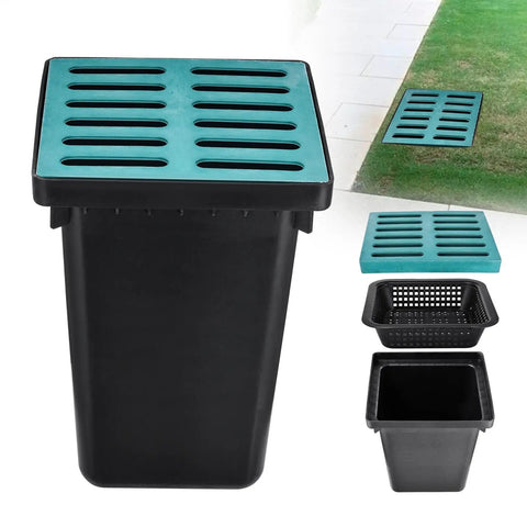 Heavy Duty Drain Catch Basin With Debris Basket And Fiberglass Grate For Yard Lawn Patio Gutter Downspout Outdoor Drainage Box Tough As Nails For Municipal Or Residential Plumbing, showing parts and installation example.