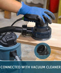 Powerful 3 Amp Random Orbital Palm Sander With Variable Speed From 5000 To 12000 OPM Cyclonic Dust Box Vacuum Adapter in use