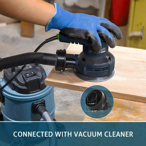 Powerful 3 Amp Random Orbital Palm Sander With Variable Speed From 5000 To 12000 OPM Cyclonic Dust Box Vacuum Adapter in use