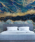 144 Inch By 100 Inch Self Adhesive Wallpaper Roll In Blue Marble Abstract Stone Texture With Dope Gold Accents Peel And Stick Waterproof PVC Wall Mural For Living Room Bedroom Bathroom Home Decor