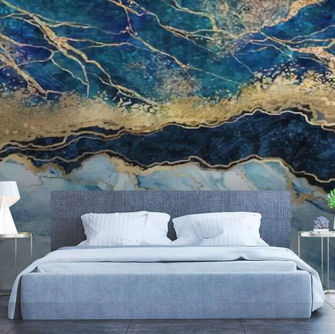 144 Inch By 100 Inch Self Adhesive Wallpaper Roll In Blue Marble Abstract Stone Texture With Dope Gold Accents Peel And Stick Waterproof PVC Wall Mural For Living Room Bedroom Bathroom Home Decor