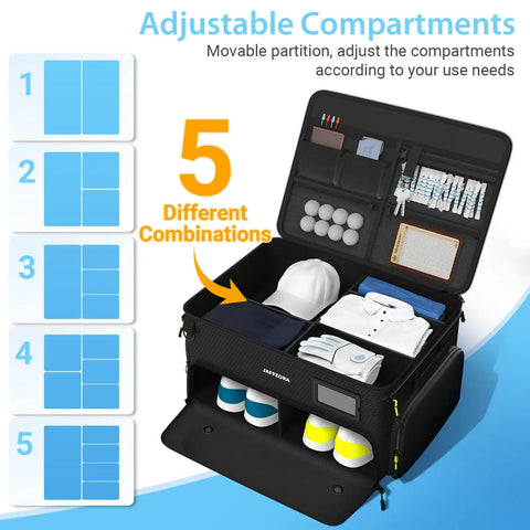 4 Layer Golf Trunk Organizer With Separate Ventilated Shoe Compartment For Two Pairs, Open View Showing Combination Options