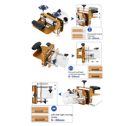 Boss Level Stainless Steel Router Mortising Jig And Slotting Locator shown with adjustable handles and settings for woodworking tasks.