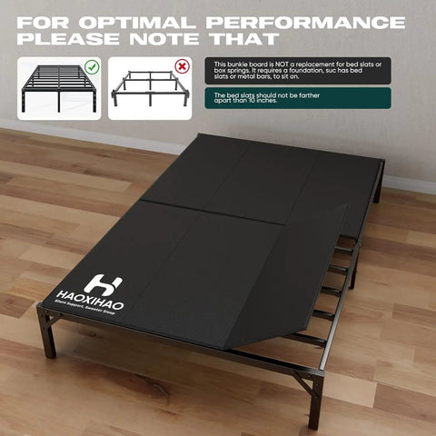 Heavy Duty Queen Bunkie Board Straight Up Solid Hollow Plastic Mattress Support Platform shown on bed frame with notes.