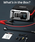 6000A Jump Starter With Air Compressor And 150 PSI Tire Inflator, 12V Jump Pack, cables, and accessories shown in box