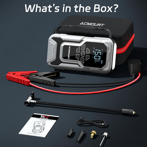6000A Jump Starter With Air Compressor And 150 PSI Tire Inflator, 12V Jump Pack, cables, and accessories shown in box