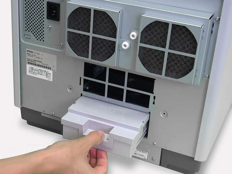 No Sweat CD DVD BluRay Disc Publisher And Printer With 100 Disc Slot, showing rear compartment and removable tray.