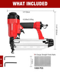 Pro Grade Pneumatic 16 Gauge Finish Nailer Kit With One Thousand Finish Nails Oil Free Design Depth Adjustment Dry Fire Lockout Straight Nail Gun For One And Quarter Inch To Two And Half Inch Nails, showing nail gun dimensions and included items.