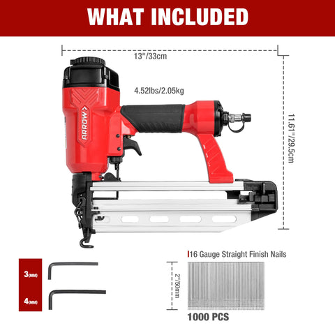 Pro Grade Pneumatic 16 Gauge Finish Nailer Kit With One Thousand Finish Nails Oil Free Design Depth Adjustment Dry Fire Lockout Straight Nail Gun For One And Quarter Inch To Two And Half Inch Nails, showing nail gun dimensions and included items.
