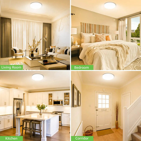 Sleek Dope Flush Mount LED Ceiling Light 15W 1250 Lumen 3000K in living room, bedroom, kitchen, and corridor settings.