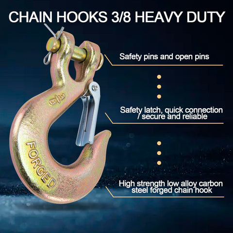 Tough As Nails Three Eighths Inch Chain Hooks Set With Safety Latch Forged G70 Clevis Slip Hooks For Marine Trailers And Truck Towing Ten Pack with details on safety features