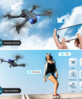 1080P FPV Drone With Camera For Kids And Adults flying with gravity and voice control, person skateboarding, clear sky.