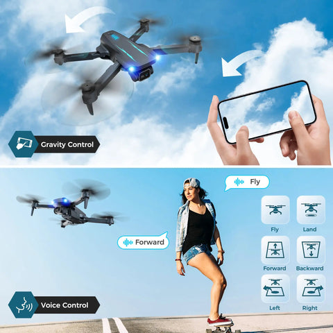 1080P FPV Drone With Camera For Kids And Adults flying with gravity and voice control, person skateboarding, clear sky.