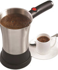 Electric Turkish Coffee Maker For Quick Brew 800W Stainless Steel Design With Concealed Heating Element 360 Degree Swivel Base Boil Dry Protection One Hand Operation No Fuss Cleanup BPA Free Indicator Light 1 Year Warranty with coffee cup