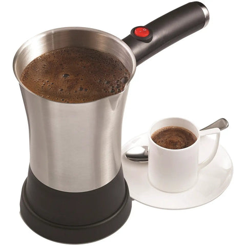 Electric Turkish Coffee Maker For Quick Brew 800W Stainless Steel Design With Concealed Heating Element 360 Degree Swivel Base Boil Dry Protection One Hand Operation No Fuss Cleanup BPA Free Indicator Light 1 Year Warranty with coffee cup