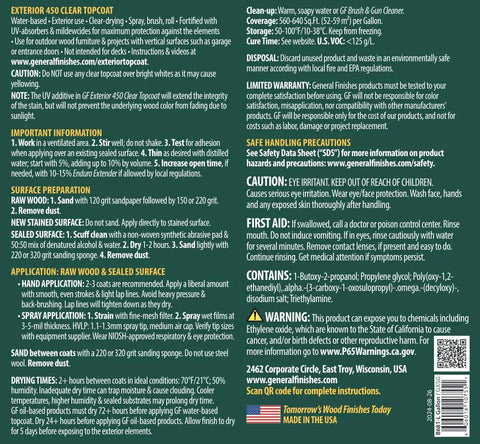 Back label of Outdoor Ready Water Based Topcoat 450 For Exterior Wood Semi Gloss UV Protected Finish 1 Gallon detailing usage instructions and warnings.