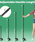 All In One Garden Hoe And Weed Puller With 76.8 Inch Adjustable Stainless Steel Handle shown at different heights with user.
