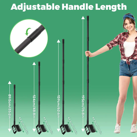 All In One Garden Hoe And Weed Puller With 76.8 Inch Adjustable Stainless Steel Handle shown at different heights with user.