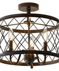 Oil Rubbed Bronze 15 Inch Led Semi Flush Mount Ceiling Light With Three Light Modern Industrial Drum Fixture, gold cage shade