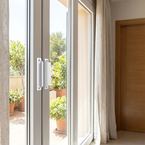 2 Pack Surface Mounted Cabinet Pulls for Kitchen Cabinets and Drawers Aluminum Alloy Window Sash Handles 3 Inch Hole Center Slick Easy Grip Minimalist Modern Hardware on white patio door