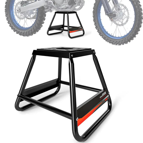 Detachable Dirt Bike Stand And Motorcycle Lift Panel, heavy-duty black steel frame with anti-slip surface, shown with dirt bike support.