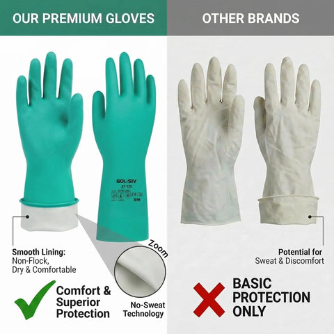 Real Deal Nitrile Chemical Resistant Work Gloves, 18 Mil Thick Puncture Proof Industrial Safety Gear, 12 Pair Pack Handled Tough Chemical Spills With Ease, Large Size Shop Proven Heavy Hitters compared to generic gloves.