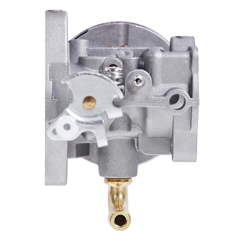 Carburetor, metallic gray aluminum body with brass fuel inlet, front view
