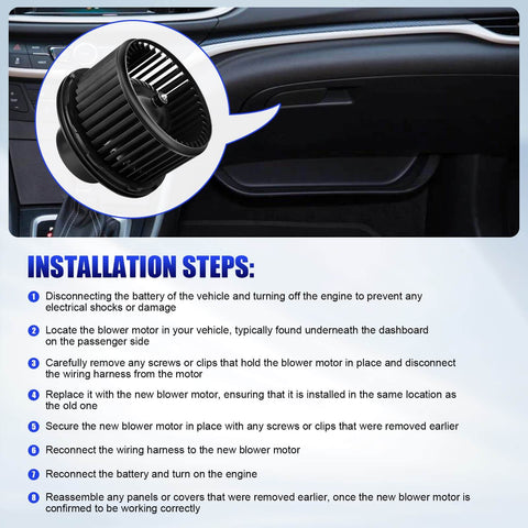 HVAC Blower Motor With Fan For Chevy Silverado 1500 2500 Suburban Avalanche GMC Sierra Yukon Cadillac Escalade Fits 2003 2004 2005 2006 Models Replaces 700191 Durable OEM Replacement Part shown with installation steps in background