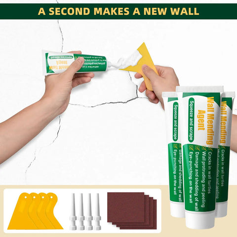 4 Pack Wall Repair Kit With Drywall Repair Cream Paste, Scraper, Patches, Sandpaper shown fixing wall crack