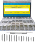 Front view of stainless steel watch band pins kit with pin remover tool, 360 pcs (8-25 mm) in clear plastic case