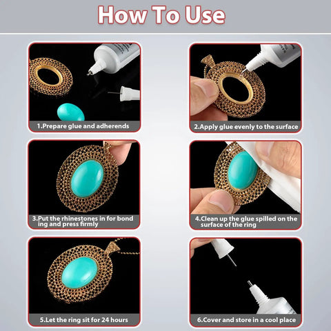 Steps to use Ultra Sticky Jewelry Glue For Metal And Stone 2 Pack 10ml Bead Adhesive Super Glue For Rhinestones Diamonds And Metal Crafts Nail And Fabric Repair Fast Set Clear Bond.