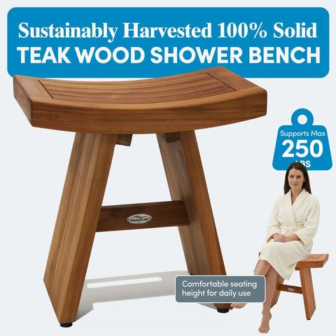 18-Inch Teak Shower Bench For Small Bathrooms And Outdoor Showers, space-saving design with foot rest and durable teak wood