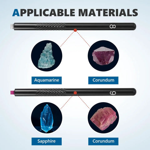 Image showing Mohs Hardness Test Kit 5 To 9 Pack, Pro Grade Mineral Identification Scratch Tester For Gemstones And Jewelry, Pen Style Tips 5 6 7 8 9, Industrial Quality Kit With 100x6mm Pen And Box, demonstrating applicable materials: aquamarine, sapphire, and corundum.
