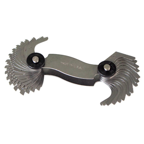 Pro Grade Screw Pitch Gauge With 30 Leaves For 6 To 60 TPI English Thread Gauge Tool Built Tough From Hardened Steel shown folded