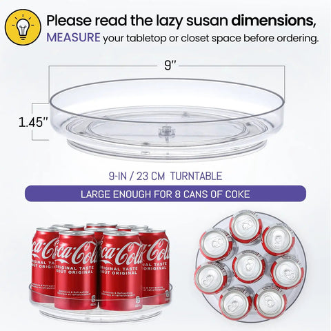 Four Pack 9 Inch Clear Acrylic Lazy Susans Non Skid Turntables Organizer with soda cans to show size in kitchen pantry.
