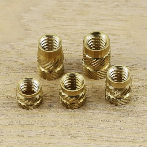 100 Pack Heavy Duty Heat Set Brass Threaded Inserts For 3D Printing And Plastic Prototyping, showcasing various sizes and knurled grips.